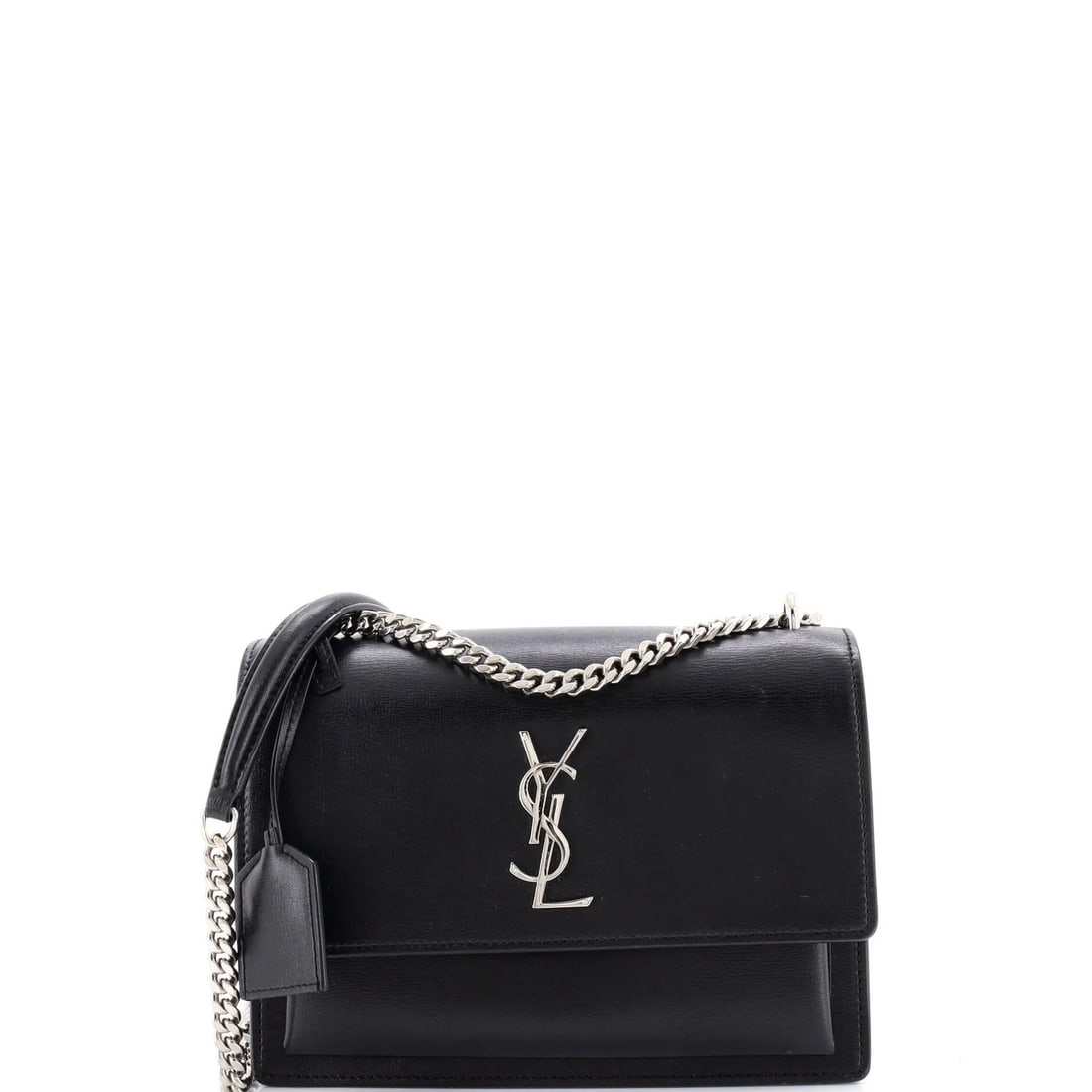 Leather Medium Saint Laurent Crossbody Bag Sunset: Leather Medium Saint Laurent Crossbody Bag Sunset Black Saint Laurent Leather Medium Sunset Crossbody Bag with Suede Interior, featuring a classic cross-body design and silver hardware. The bag has a