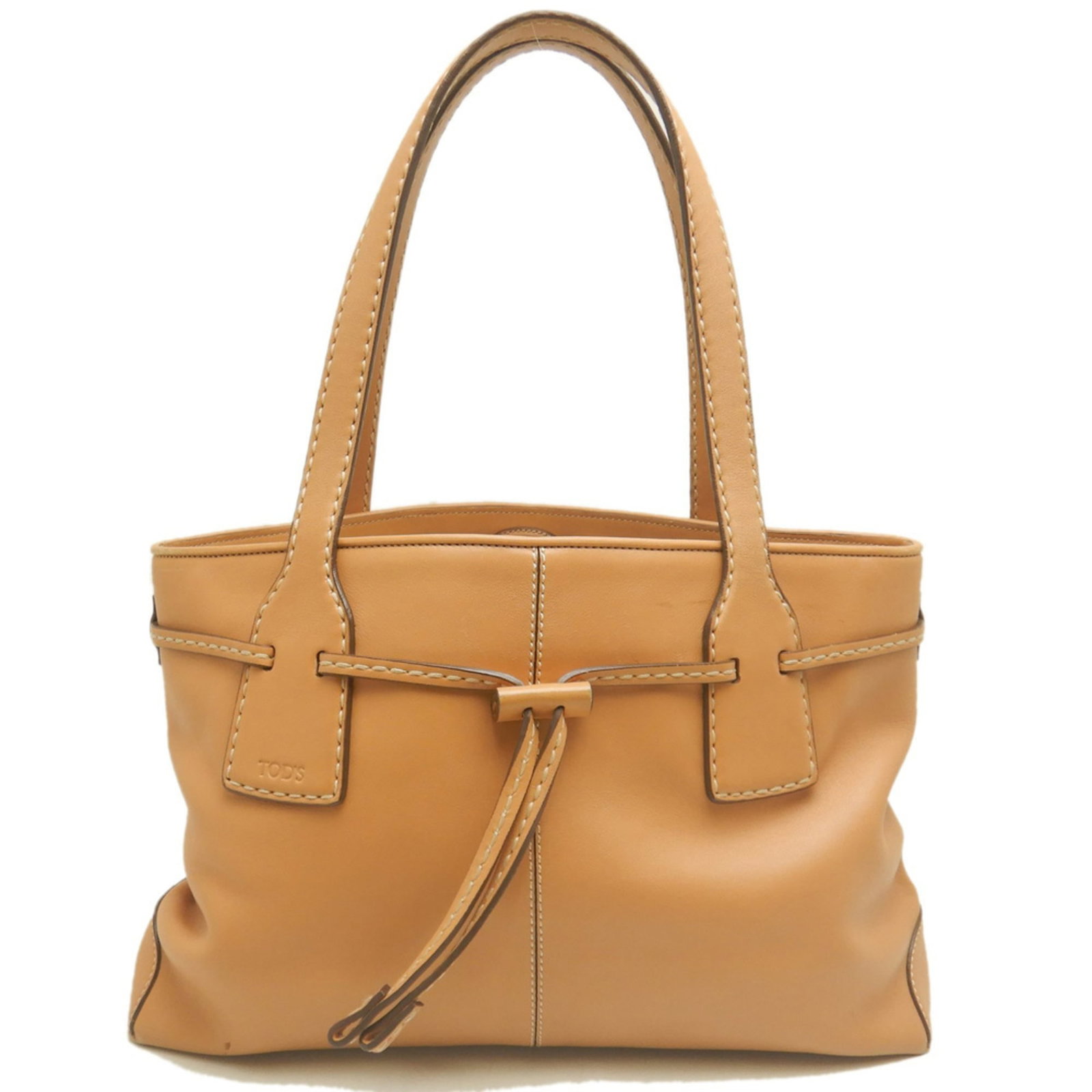 Tod's tote bag leather: Tod's tote bag leather Camel-colored leather tote bag from Tod's, featuring silver hardware and an open closure. Measuring 23cm x 35cm x 11cm, this bag is a stylish and compact accessory. Its classic 