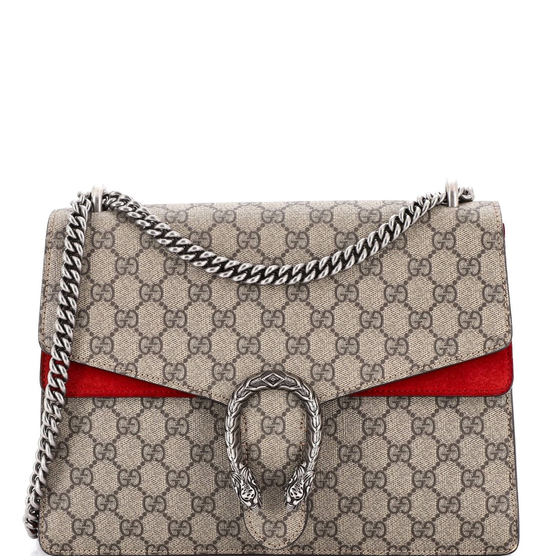 GG Coated Canvas Bag Medium Gucci Dionysus: GG Coated Canvas Bag Medium Gucci Dionysus The GG Coated Canvas Medium Gucci Dionysus bag boasts a striking red exterior with a classic brown interior, adorned with aged silver hardware. This medium-s