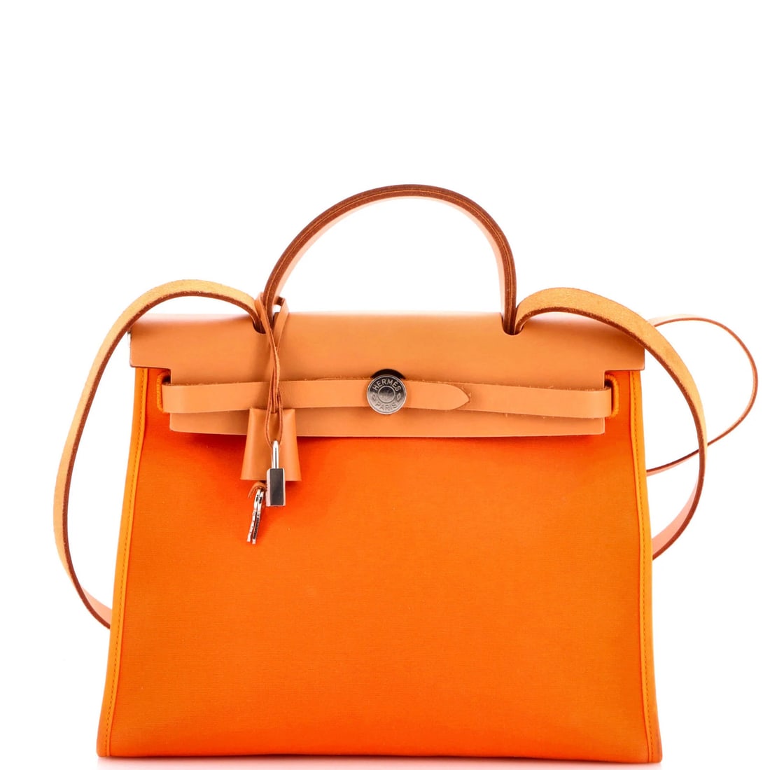 Herbag Hermes Leather Toile 31 Zip: Herbag Hermes Leather Toile 31 Zip Orange Herm?s Leather Toile 31 Zip Shoulder Bag with Keys Clochette and Pochette, featuring a vibrant exterior color and a classic design. This Herm?s bag measures 1