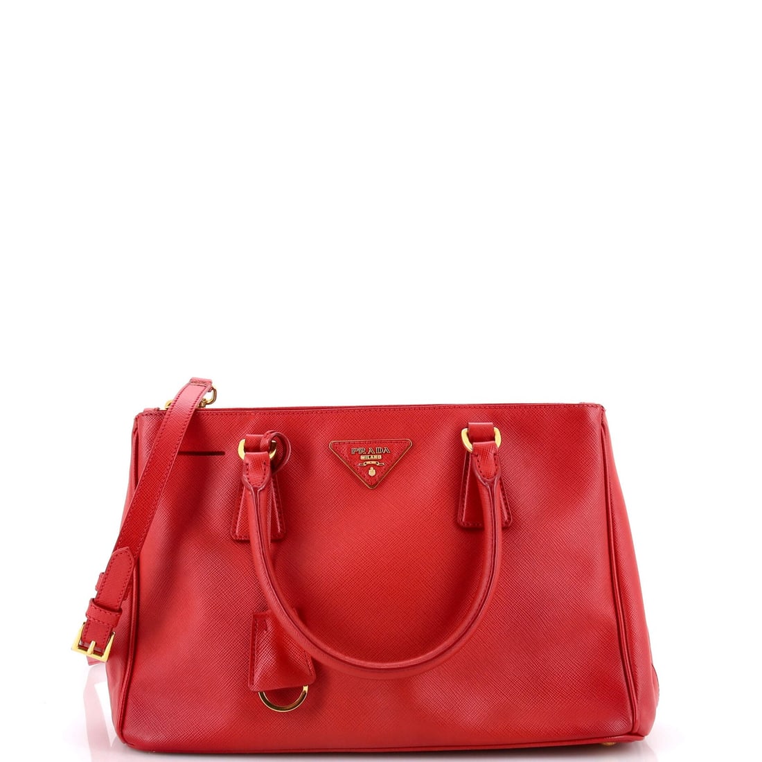 Prada Double Zip Lux Tote Saffiano Leather Small: Prada Double Zip Lux Tote Saffiano Leather Small The Prada Double Zip Lux Tote Saffiano Leather Small is a stylish and functional tote bag, featuring a striking red exterior with a double zip closure