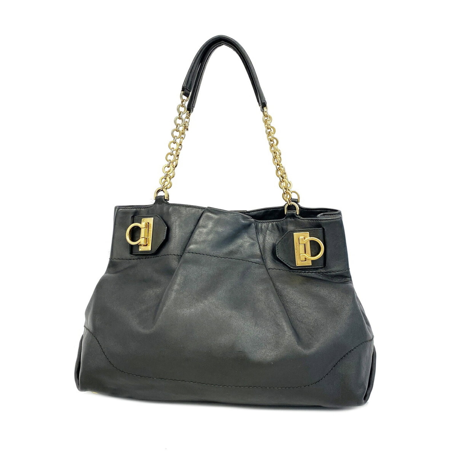 Ferragamo Leather Shoulder Bag: Ferragamo Leather Shoulder Bag Black leather shoulder bag with gold hardware, measuring 24cm x 36cm x 14.5cm. This sleek and stylish bag features high-quality leather construction and elegant gold