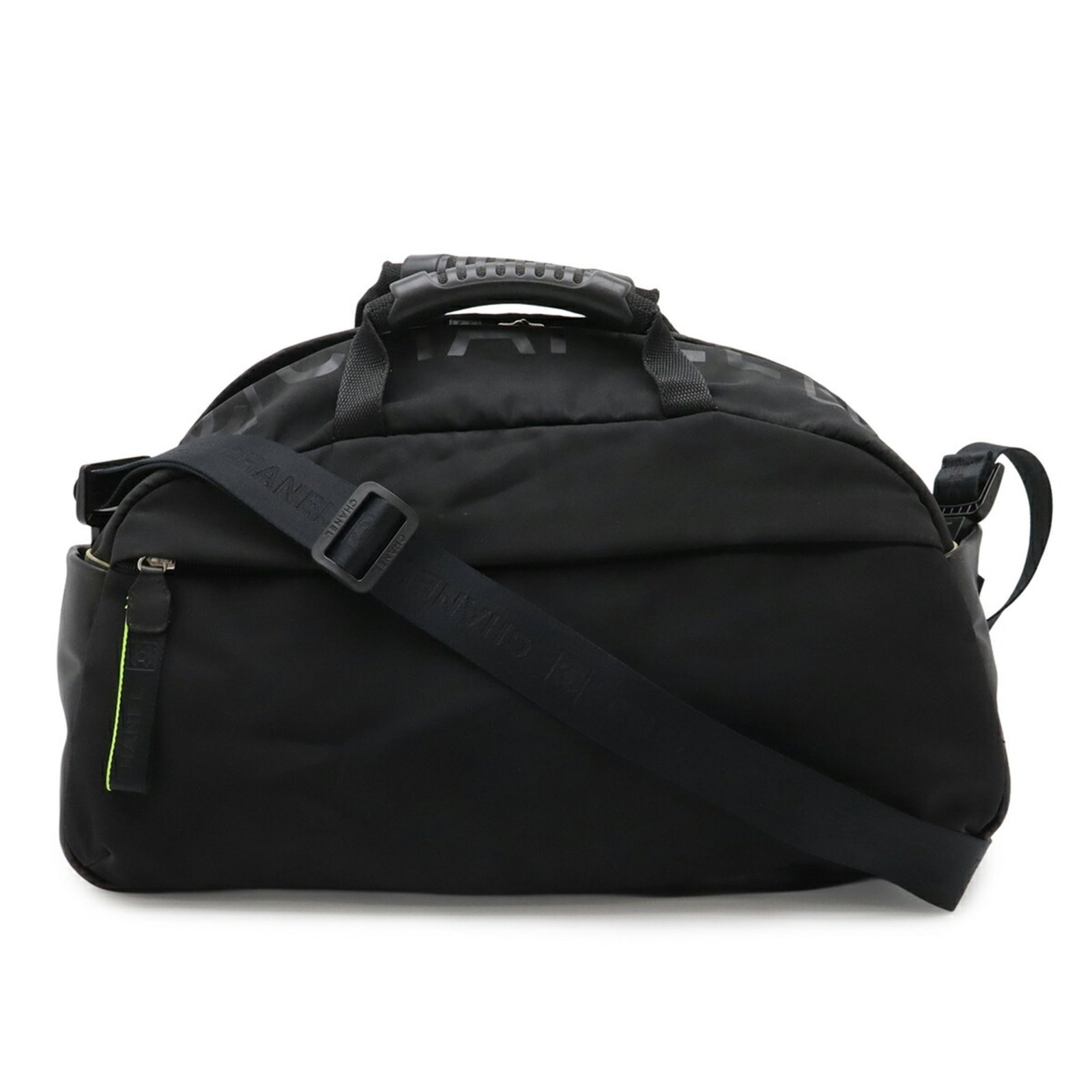 Nylon Rubber Shoulder Bag Boston Bag Chanel: Nylon Rubber Shoulder Bag Boston Bag Chanel Nylon and rubber combine in this sleek Chanel Boston bag, crafted in Italy. The black and yellow color scheme adds a pop of contrast to the classic design,
