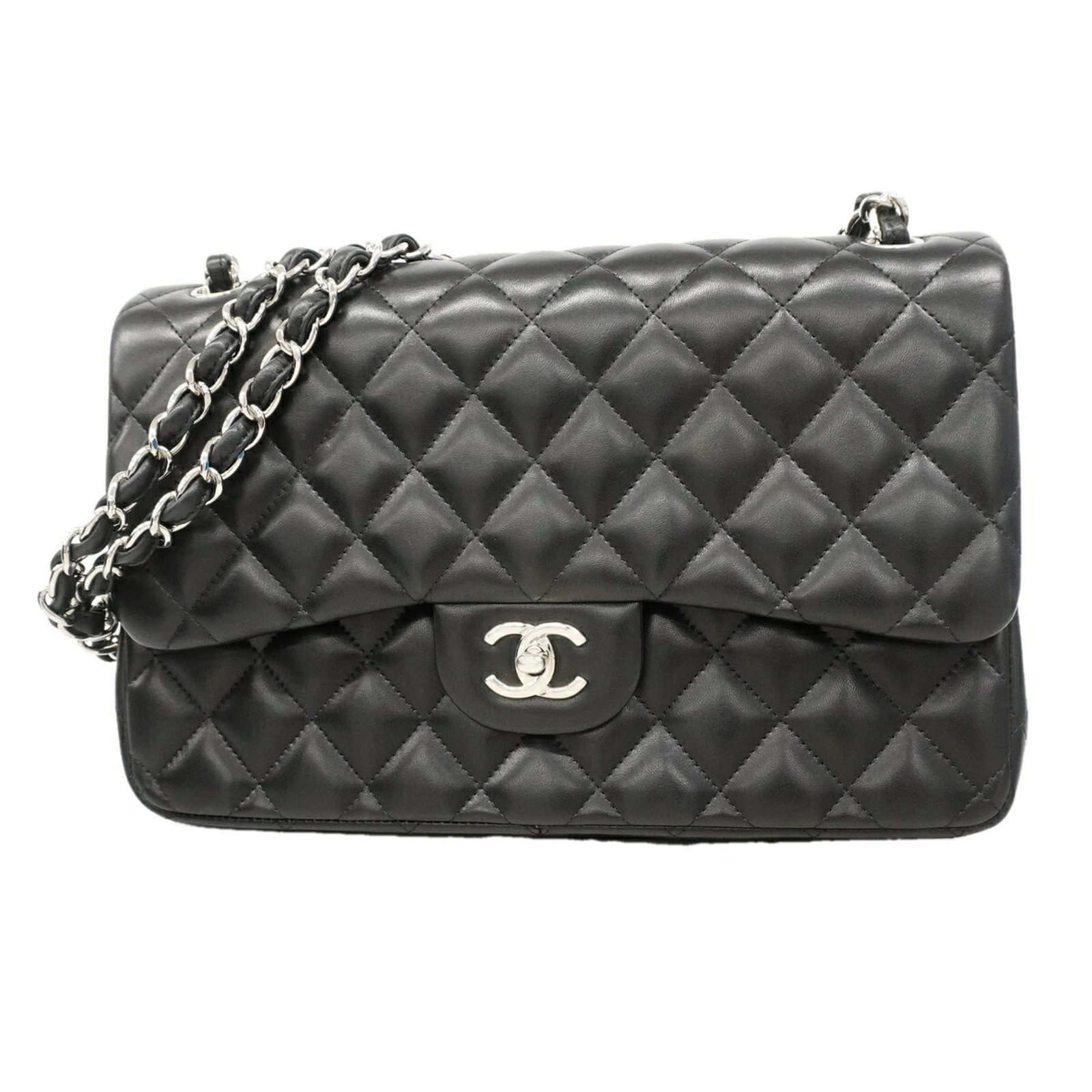 Shoulder Bag Leather Chanel: Shoulder Bag Leather Chanel This luxurious black leather shoulder bag from Chanel features sleek silver hardware and is made from high-quality lambskin. The bag's classic design and timeless style mak
