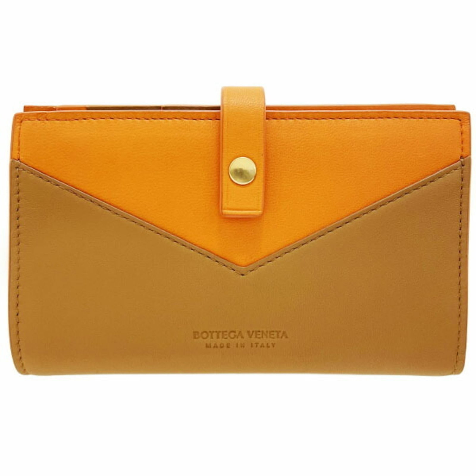 Bottega Veneta Wallet (Bi-Fold) Leather: Bottega Veneta Wallet (Bi-Fold) Leather Light brown and orange Bottega Veneta leather come together in this bi-fold wallet, measuring 9.2cm x 14.8cm x 2cm. The classic design features a simple yet