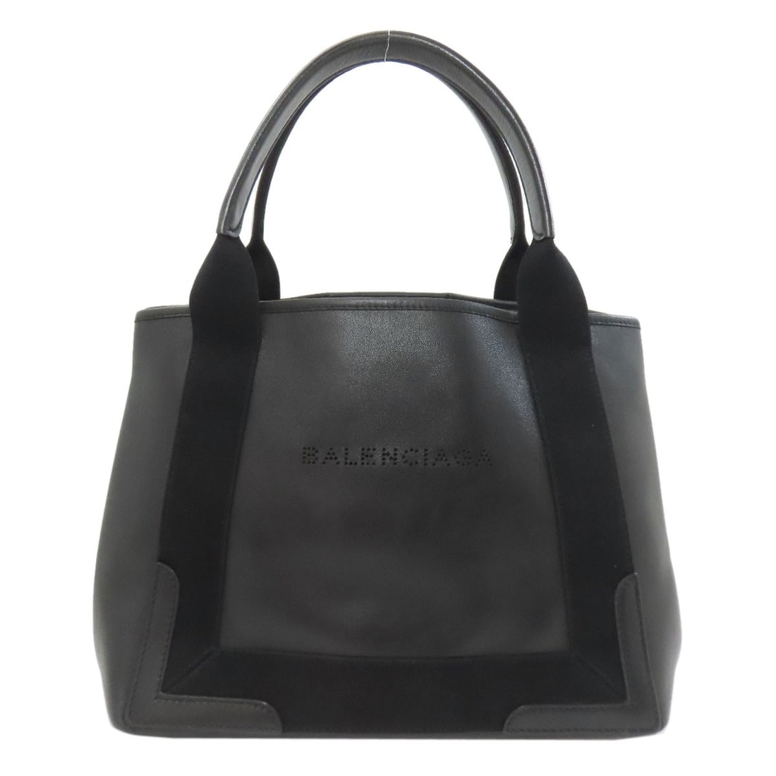 Balenciaga 339933 Navy Cabas Tote Bag Leather: Balenciaga 339933 Navy Cabas Tote Bag Leather Black leather tote bag from Balenciaga, featuring a classic design with a structured shape and a timeless black exterior. The bag's leather exterior is a