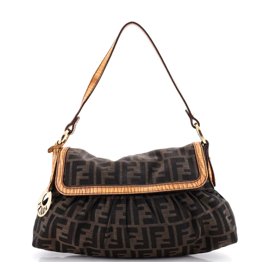 Chef Flap Bag Canvas Small Fendi Zucca: Chef Flap Bag Canvas Small Fendi Zucca Small Fendi Zucca Canvas Shoulder Bag with Gold Hardware, featuring a classic design and brown exterior with minor creases, scuffs, and edge wear. The bag's