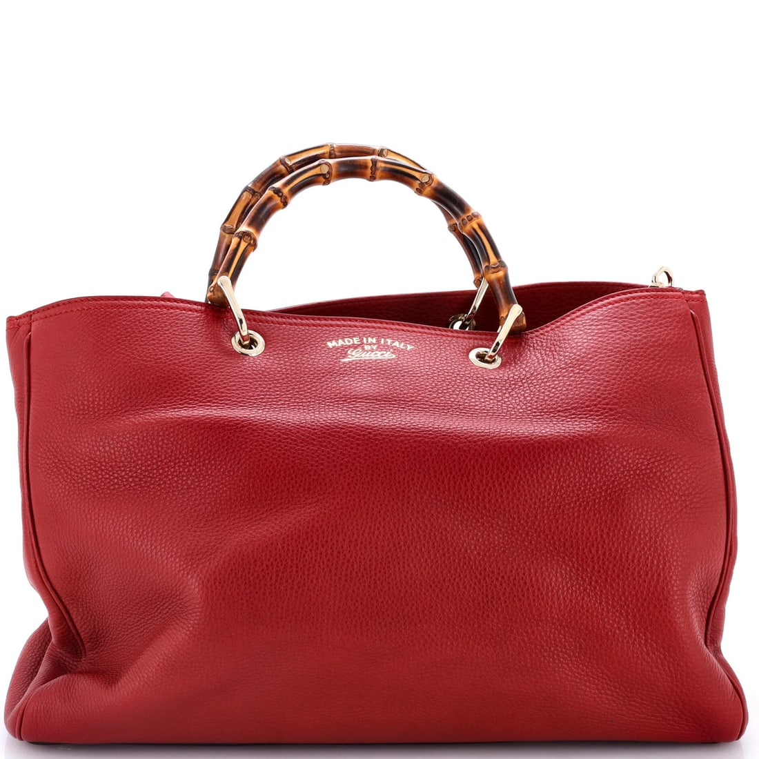 Gucci Tote Leather Large Shopper Bamboo: Gucci Tote Leather Large Shopper Bamboo Red Gucci Leather Large Shopper Tote with Bamboo Handle, featuring a classic design and neutral interior, measures 12" high, 15.5" wide, and 6" deep, with a