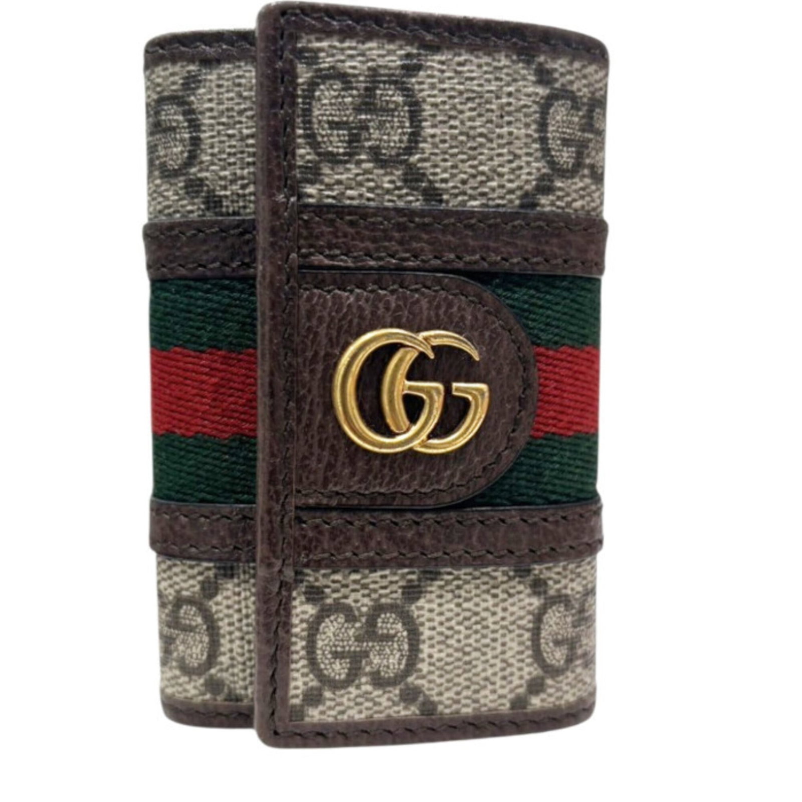 Canvas leather keycase by Gucci: Canvas leather keycase by Gucci Canvas leather keycase by Gucci, a stylish accessory featuring a unique blend of canvas and leather materials, with a brown color and compact size of 9.5cm x 6cm x