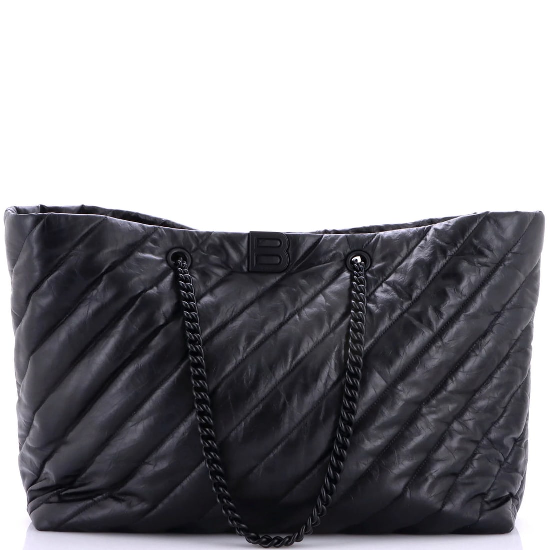 Quilted Leather Large All Carry Chain Tote Balenciaga Crush: Quilted Leather Large All Carry Chain Tote Balenciaga Crush Quilted leather and chain details make this Balenciaga Crush tote stand out. With its large size and sturdy construction, it's perfect for