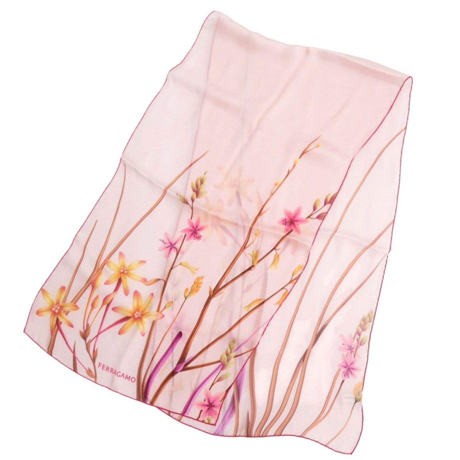 Ferragamo Silk Scarf Salvatore: Ferragamo Silk Scarf Salvatore Silk scarf in a vibrant pink hue, bearing the signature of Salvatore Ferragamo, crafted from high-quality materials. This elegant accessory is presented in a luxurious