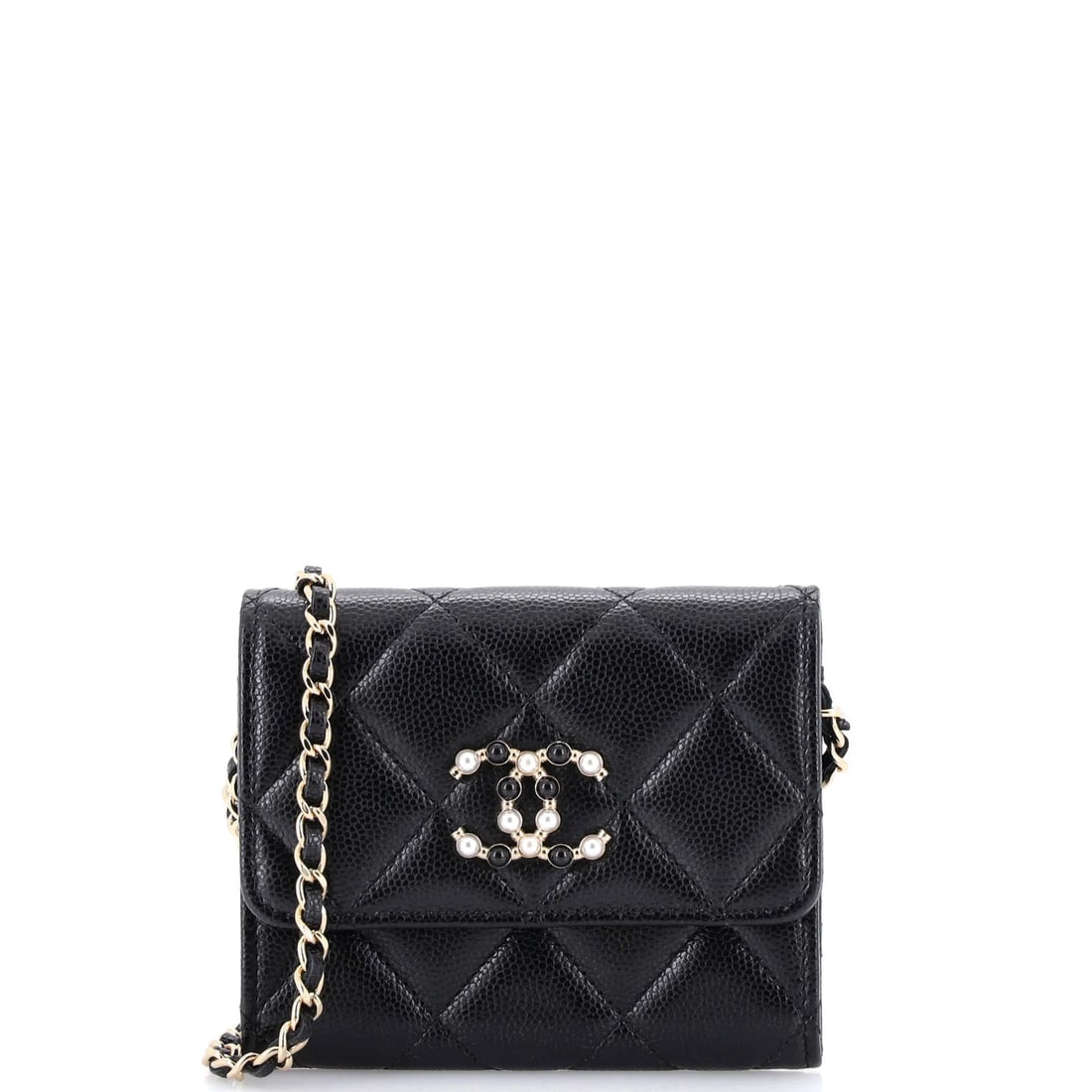 Coco Chanel Candy Card Holder on Caviar Quilted Chain: Coco Chanel Candy Card Holder on Caviar Quilted Chain Black leather Coco Candy Card Holder on Caviar Quilted Chain features a sleek design with minor creases and scuffs on the exterior, while the