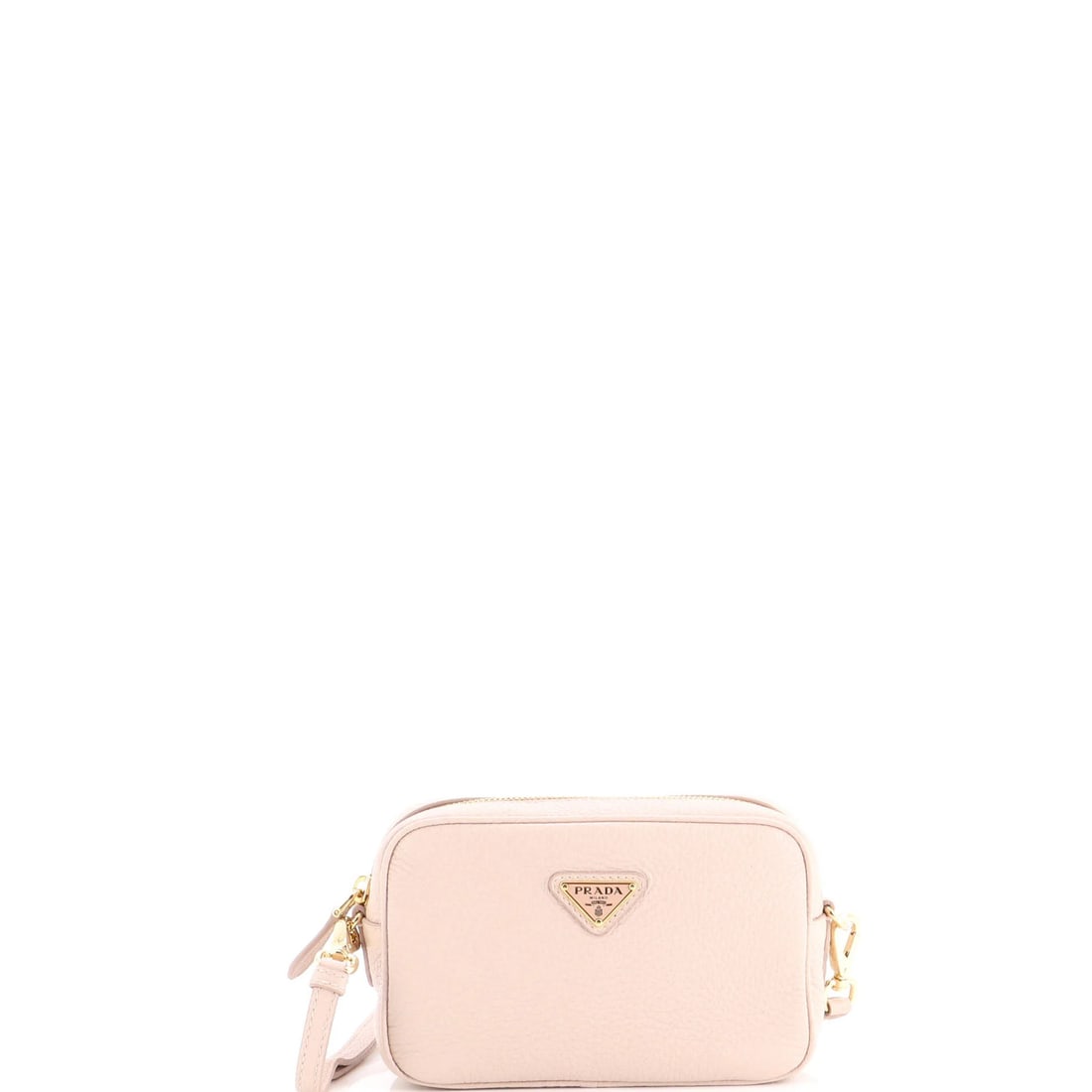 Vitello Soft Mini Camera Prada Bag: Vitello Soft Mini Camera Prada Bag Pink Vitello Soft Mini Camera Prada Bag with Gold Hardware, featuring a cross body design and minor scuffs, minor creases, and minor edge wear, repainted. The bag