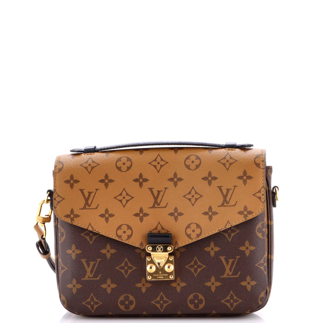 Monogram Reverse Canvas Pochette Louis Vuitton: Monogram Reverse Canvas Pochette Louis Vuitton Brown Monogram Reverse Canvas Pochette with Gold Hardware, featuring a cross body design and repainted wax edges, measures 8" tall, 9.5" wide, and 3"
