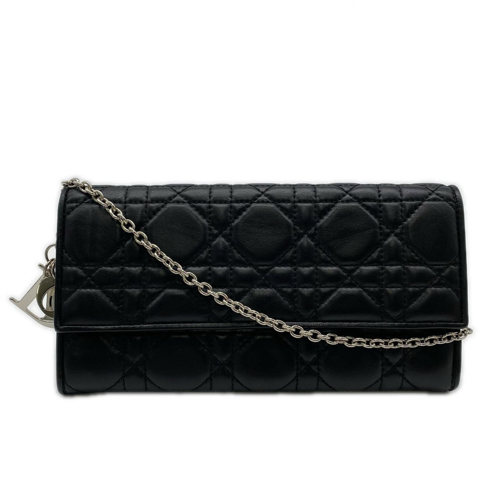 Christian Dior Chain/ Shoulder Wallet Leather: Christian Dior Chain/ Shoulder Wallet Leather Chain/Shoulder wallet in black lambskin leather, featuring a 34cm chain strap and a compact design. Made from high-quality leather, this shoulder wallet