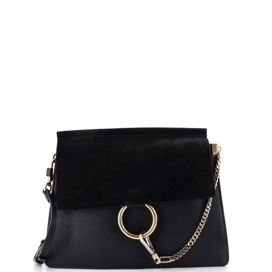 Faye Shoulder Bag Leather Medium Chloe Suede: Faye Shoulder Bag Leather Medium Chloe Suede Black leather and suede medium Faye shoulder bag with gold tone hardware, featuring a neutral interior and a classic design. The bag's exterior shows