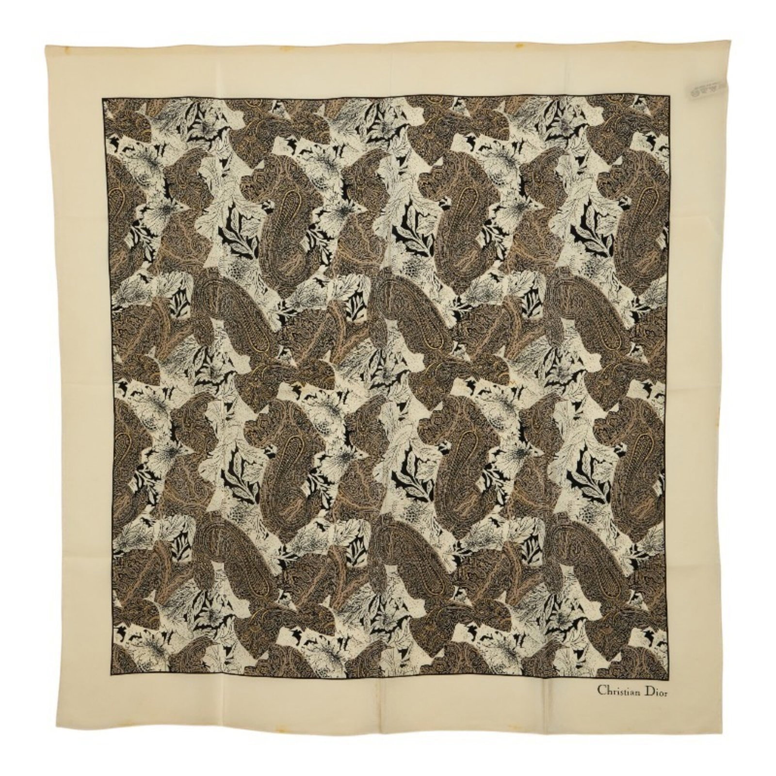 Silk Scarf by Christian Dior: Silk Scarf by Christian Dior Silk Scarf by Christian Dior boasts a stunning gold, gray, and ivory color combination, perfectly crafted from high-quality silk. Measuring 88cm x 86cm, this elegant