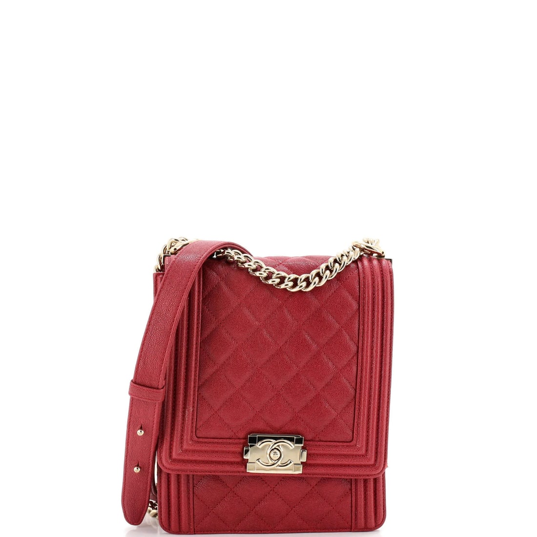 Chanel Boy South Flap North Quilted Bag Caviar Small: Chanel Boy South Flap North Quilted Bag Caviar Small The Chanel Boy South Flap North Quilted Bag Caviar Small is a stylish and luxurious shoulder bag with a bold red exterior. Measuring 8" tall, 6.5" 