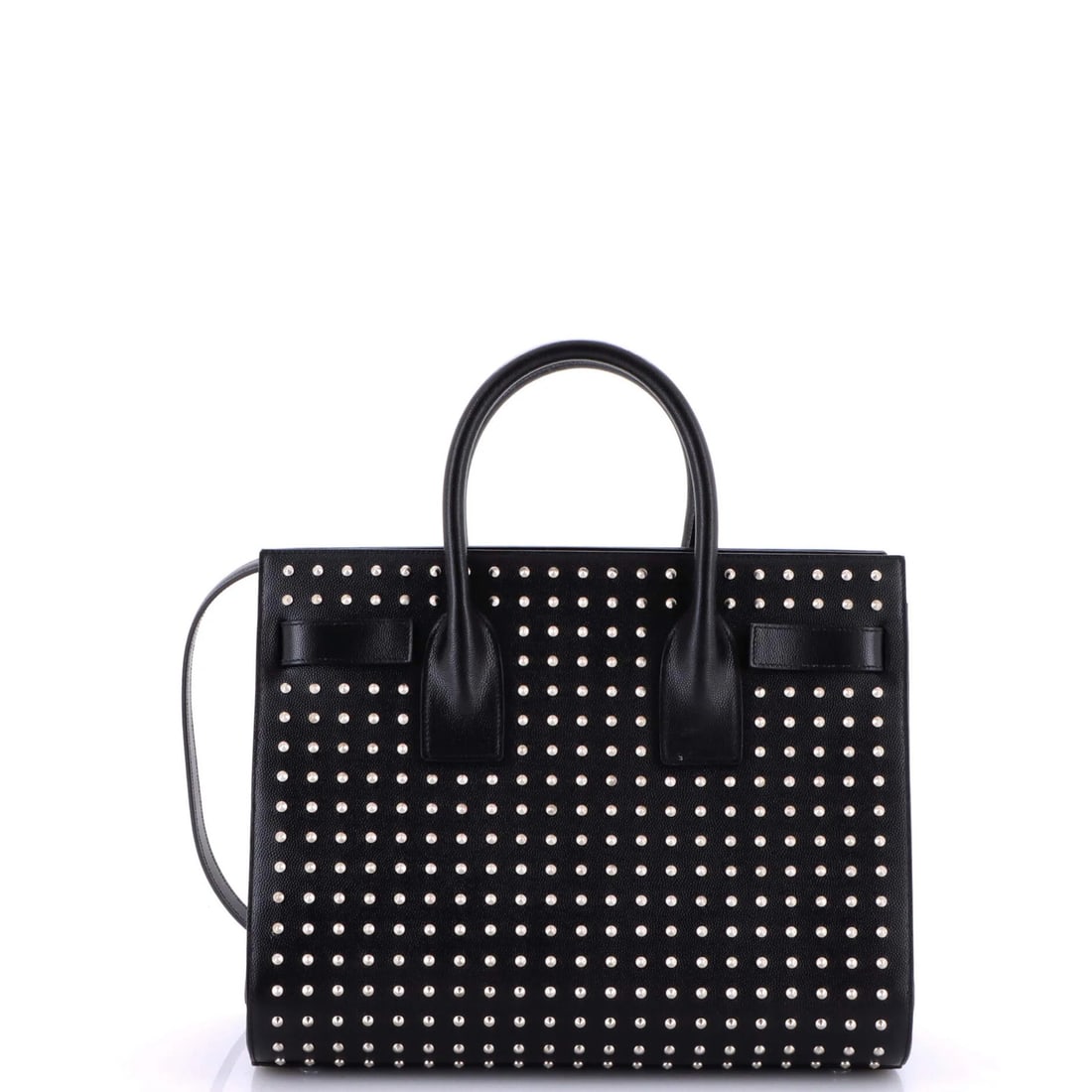 Studded Leather Small Sac Bag Saint Laurent: Studded Leather Small Sac Bag Saint Laurent Small Studded Leather Sac de Jour Bag from Saint Laurent, featuring a classic design with a modern twist. This black leather tote boasts a sleek silhouette