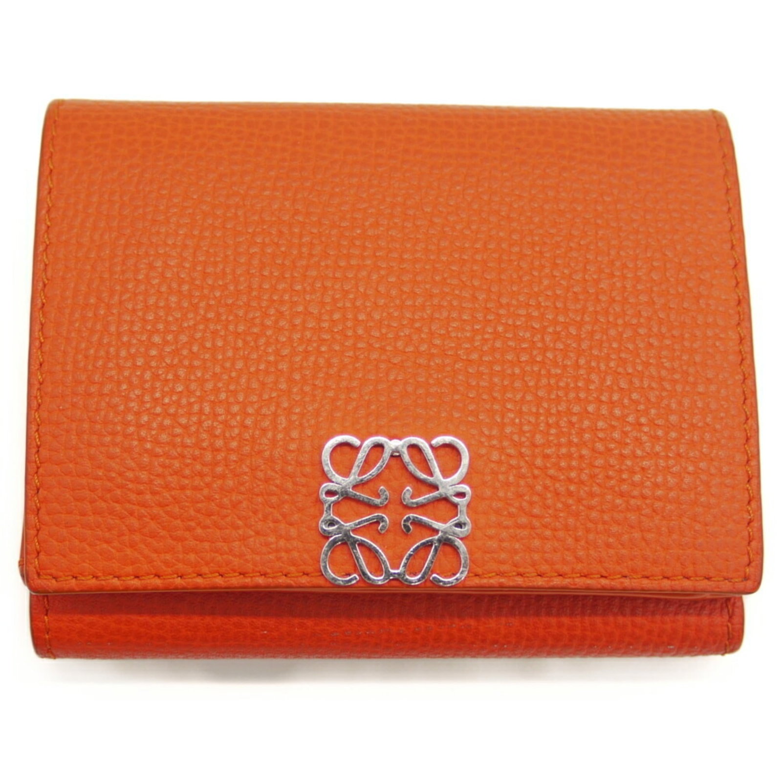 Loewe Wallet (Tri-Fold) Leather: Loewe Wallet (Tri-Fold) Leather Tri-fold leather wallet from Loewe, featuring a vibrant orange color and sleek design. Made from high-quality leather, this wallet measures 8cm x 10cm x 2.5cm. Its