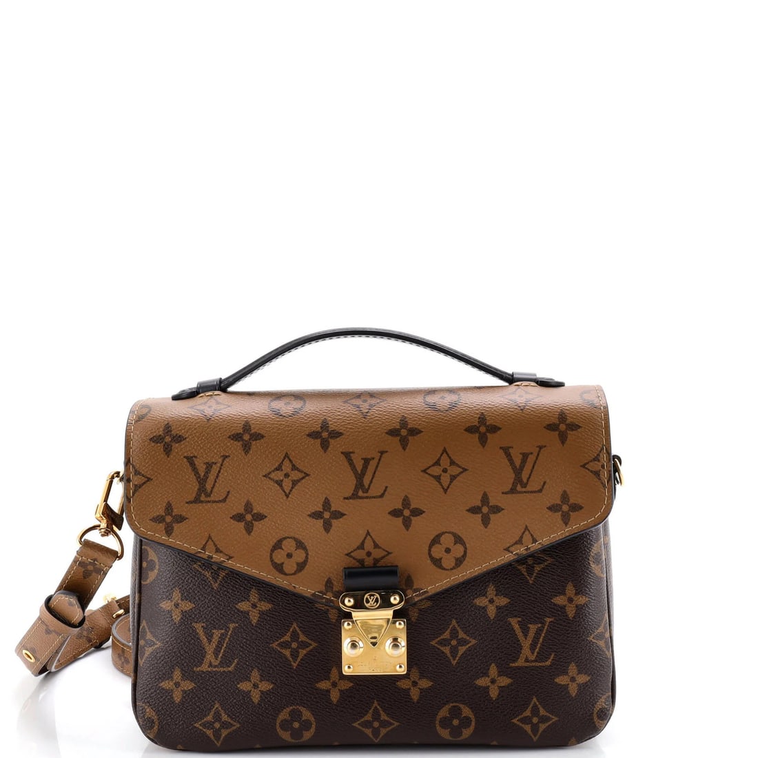 Monogram Reverse Canvas Pochette Louis Vuitton: Monogram Reverse Canvas Pochette Louis Vuitton Brown Monogram Reverse Canvas Pochette with Gold Hardware, featuring a cross body design and repainted wax edges, measures 8" tall, 9.5" wide, and 3" dee