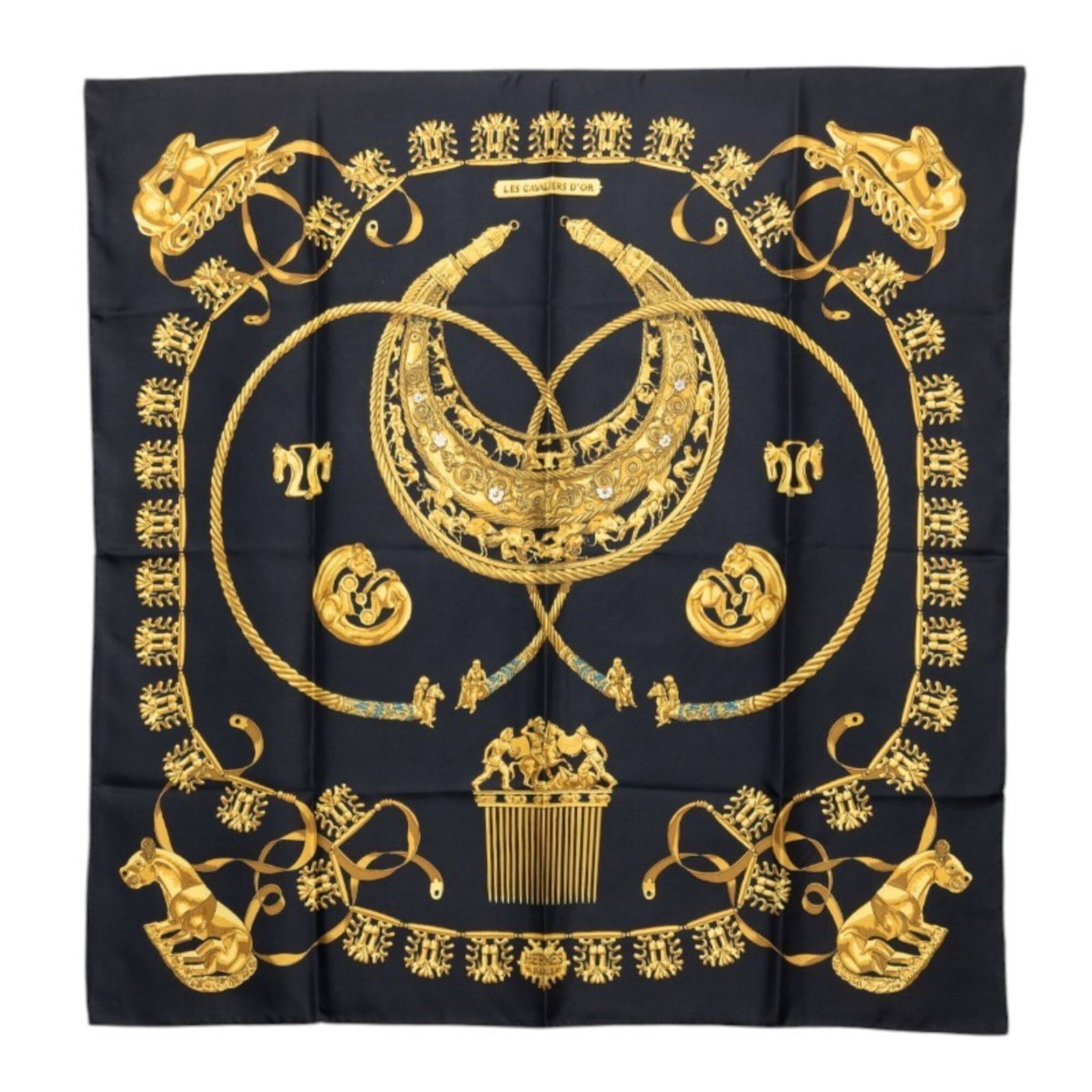 Silk Hermes Scarf: Silk Hermes Scarf Silk from the renowned French fashion house, this black and gold Hermes scarf boasts a classic design that exudes elegance and sophistication. Made from high-quality silk, its 88cm x