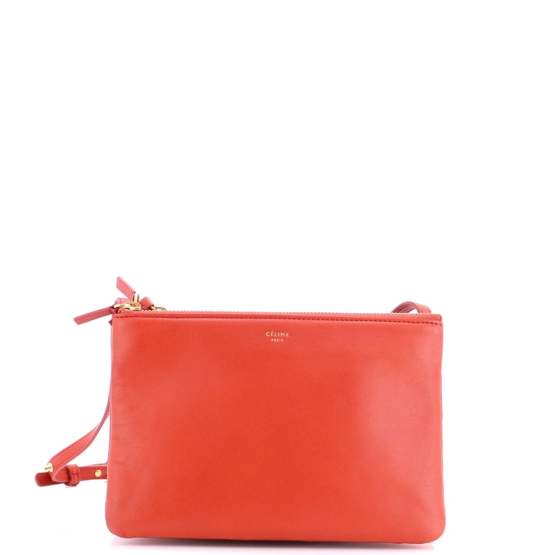 Small Leather Crossbody Bag Trio Celine: Small Leather Crossbody Bag Trio Celine Small Leather Crossbody Bag Trio Celine in vibrant orange exterior, featuring a classic cross-body design with a small size and adjustable strap drop of 23".