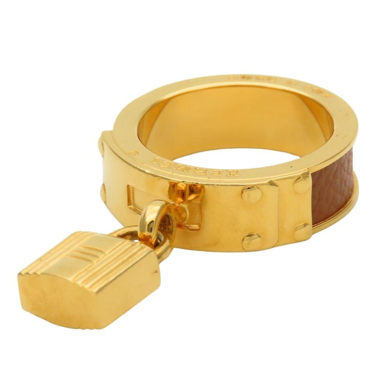 Metal Hermes Scarf Leather Ring: Metal Hermes Scarf Leather Ring Metal Hermes Scarf Leather Ring in Brown and Gold Features a unique combination of metal and leather, with a signature on the back, adding a touch of elegance to any