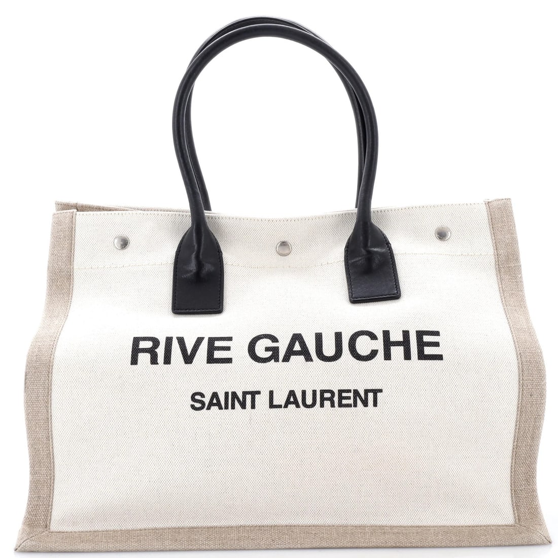 Laurent Rive Gauche Shopper Tote Small Canvas: Laurent Rive Gauche Shopper Tote Small Canvas Small canvas tote from Saint Laurent's Rive Gauche Shopper collection, featuring a neutral exterior and interior, with aged silver hardware. Measuring 6"