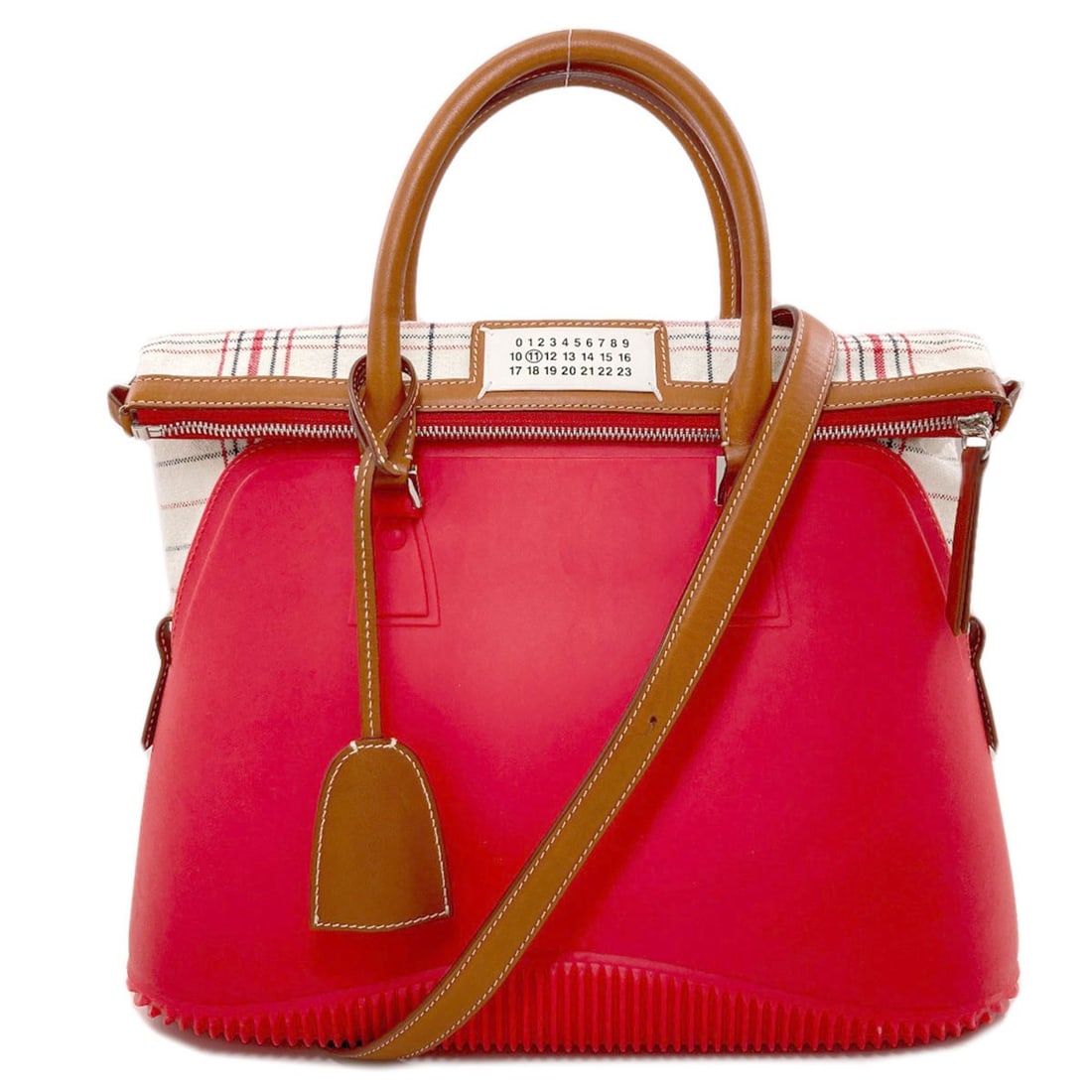 5Ac Handbag Rubber Leather Canvas Maisonmargiela: 5Ac Handbag Rubber Leather Canvas Maisonmargiela Red Maison Margiela handbag made from rubber, canvas, and leather. This unique style combines different materials to create a distinctive look. The