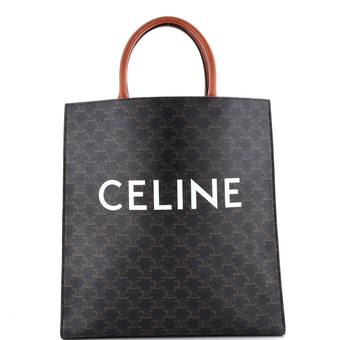 Tote Coated Large Canvas Cabas Triomphe Vertical Celine: Tote Coated Large Canvas Cabas Triomphe Vertical Celine Brown canvas coated Large Vertical Cabas Triomphe Tote measures 15" tall, 14" wide, and 3.5" deep. Features gold hardware and a scuffed