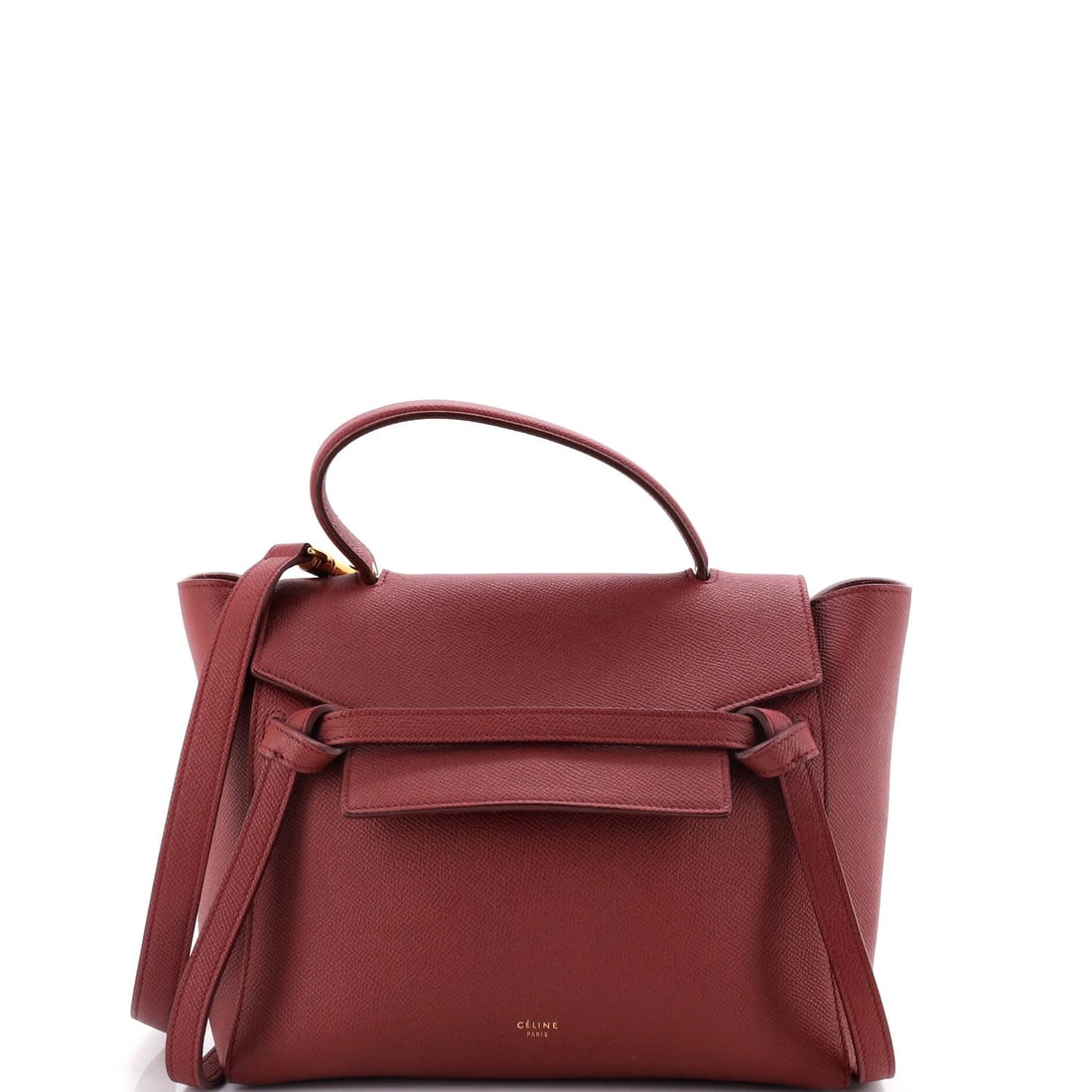 Textured Leather Belt Bag Celine Micro: Textured Leather Belt Bag Celine Micro Burgundy textured leather wraps around the body of this micro belt bag, featuring a gold-toned buckle and suede interior. Measuring 8.5" tall and 9.5" wide, the