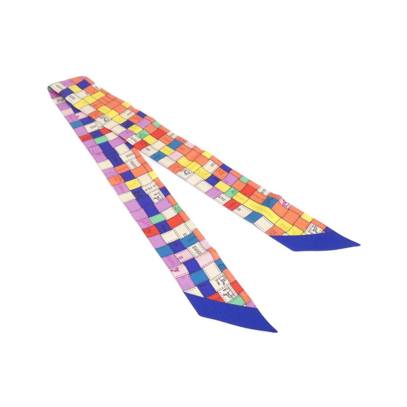 Silk Hermes Scarf: Silk Hermes Scarf Silk from high-quality materials, this 86cm x 33.85'' scarf features a blue and multi-color design. Made from silk, it measures 5cm x 86cm. The scarf bears a signature. Item Specific