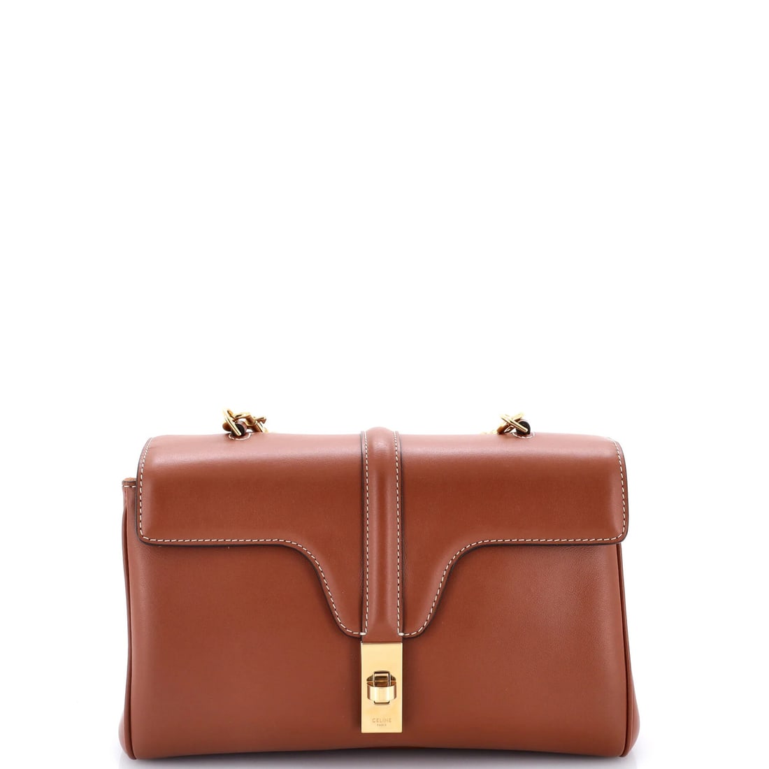 Calfskin Teen Bag Soft 16 Celine: Calfskin Teen Bag Soft 16 Celine Soft 16 Calfskin Teen Bag from Celine features a smooth, brown leather exterior with suede and leather interior, gold hardware, and a classic shoulder bag design. The 