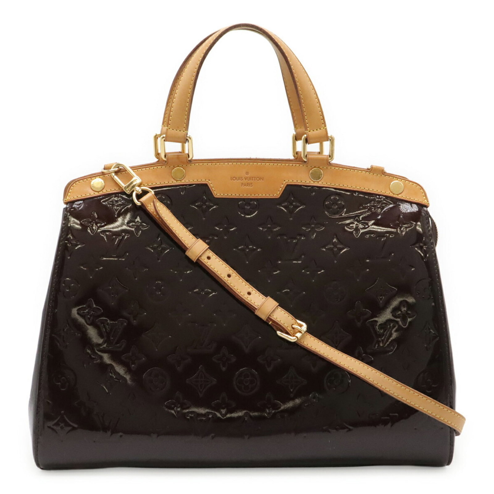 Handbag Patent Leather Shoulder Bag Tote Louis Vuitton: Handbag Patent Leather Shoulder Bag Tote Louis Vuitton Patent leather exterior, a hallmark of Louis Vuitton's iconic style, adds a touch of sophistication to this Monogram Vernis shoulder bag tote.