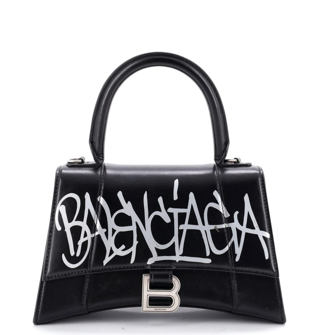 Leather Small Graffiti Hourglass Top Bag Handle Balenciaga: Leather Small Graffiti Hourglass Top Bag Handle Balenciaga Black Leather Graffiti Hourglass Top Handle Balenciaga Bag with Heavy Scuffs and Minor Cracking. This small bag features a striking graffiti