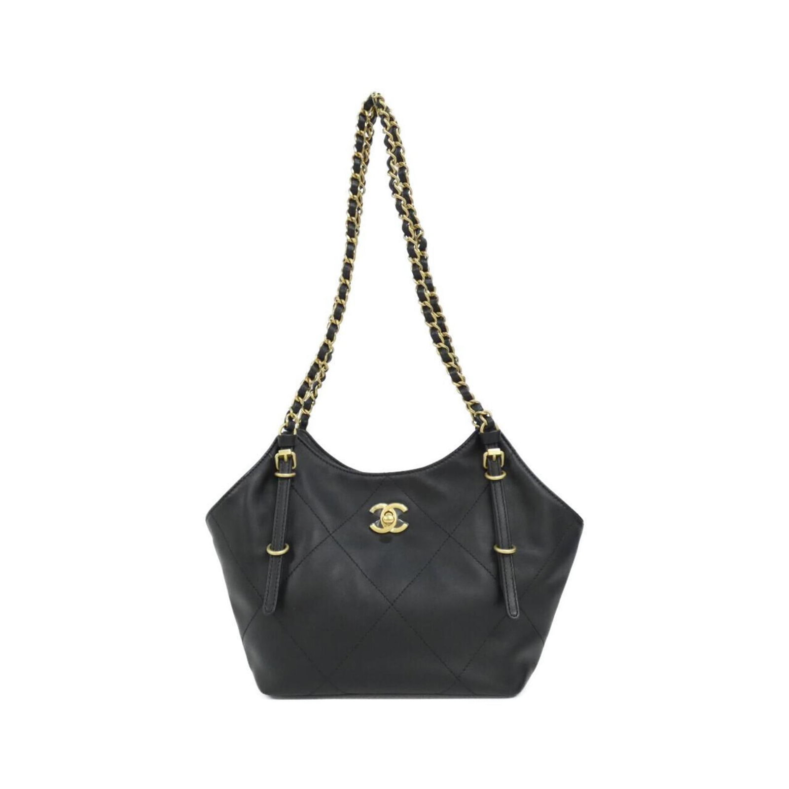 Handbag Leather from Chanel: Handbag Leather from Chanel Black Calfskin Handbag from Chanel, featuring a sleek design with matte gold hardware, is presented in its original box and dust bag. The handbag's high-quality leather