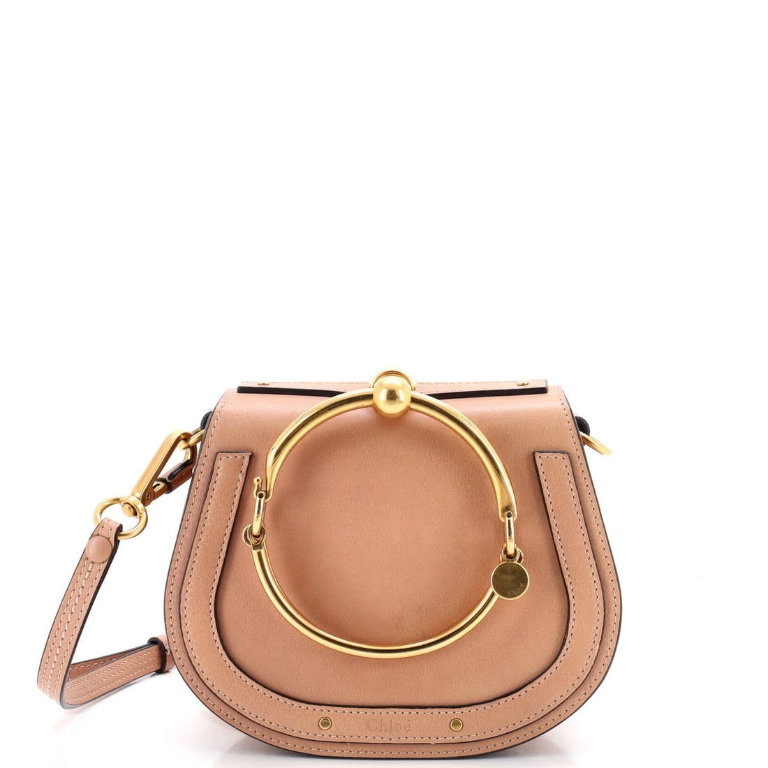 Leather Small Nile Crossbody Bag Chloe: Leather Small Nile Crossbody Bag Chloe Leather Small Nile Crossbody Bag Chloe features a neutral exterior with suede interior, aged gold hardware, and a classic cross-body design. Measuring 6.5" tall
