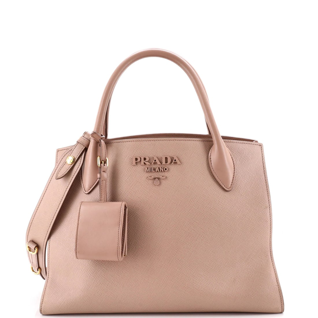 Calf City Saffiano Medium Tote Monochrome Prada: Calf City Saffiano Medium Tote Monochrome Prada Saffiano leather exterior gives this Prada medium tote a sophisticated, monochromatic look. The neutral color and classic design make it a versatile