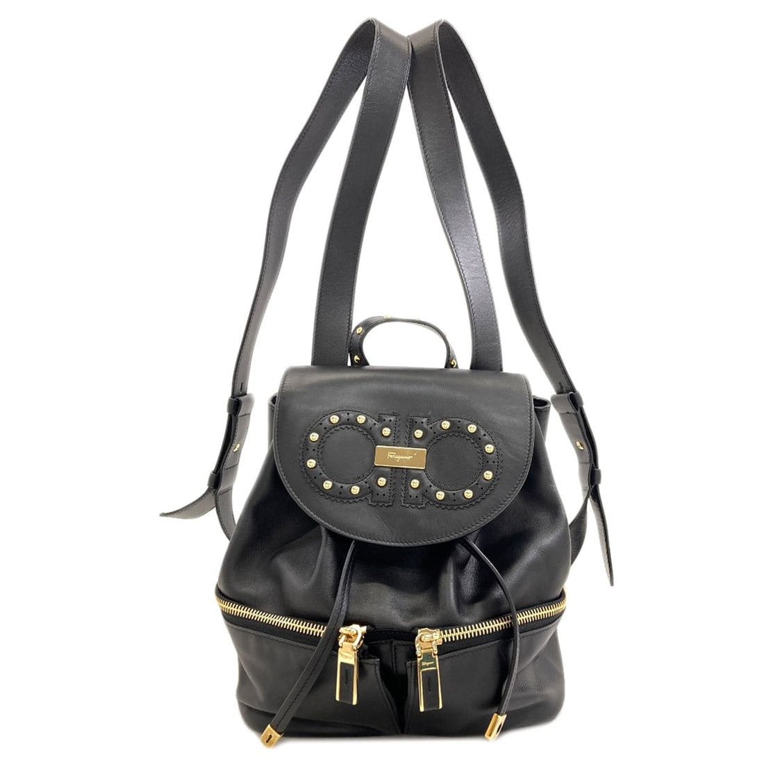 Backpack Studs Leather Gancini Daypack Ferragamo Salvatore: Backpack Studs Leather Gancini Daypack Ferragamo Salvatore Black Leather Ferragamo Salvatore Ferragamo Backpack A* Daypack with Gancini Studs. This stylish backpack features a classic black leather ex