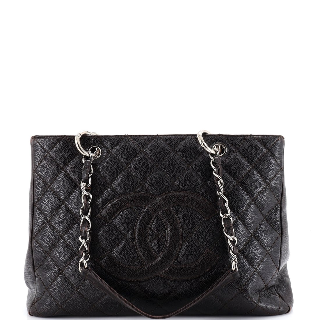 Caviar Quilted Shopping Tote Chanel: Caviar Quilted Shopping Tote Chanel The Caviar Quilted Shopping Tote Chanel is a classic, brown leather tote with a quilted caviar exterior, featuring silver hardware. Measuring 13" wide and 10.5" tal