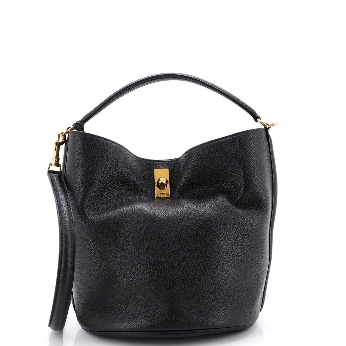 Celine Bucket 16 Bag Leather: Celine Bucket 16 Bag Leather Black Celine Bucket 16 Bag Leather with Suede Interior, Gold Hardware, and Pochette Accessory. This Celine bucket bag features a classic design with a 16" chain strap and 