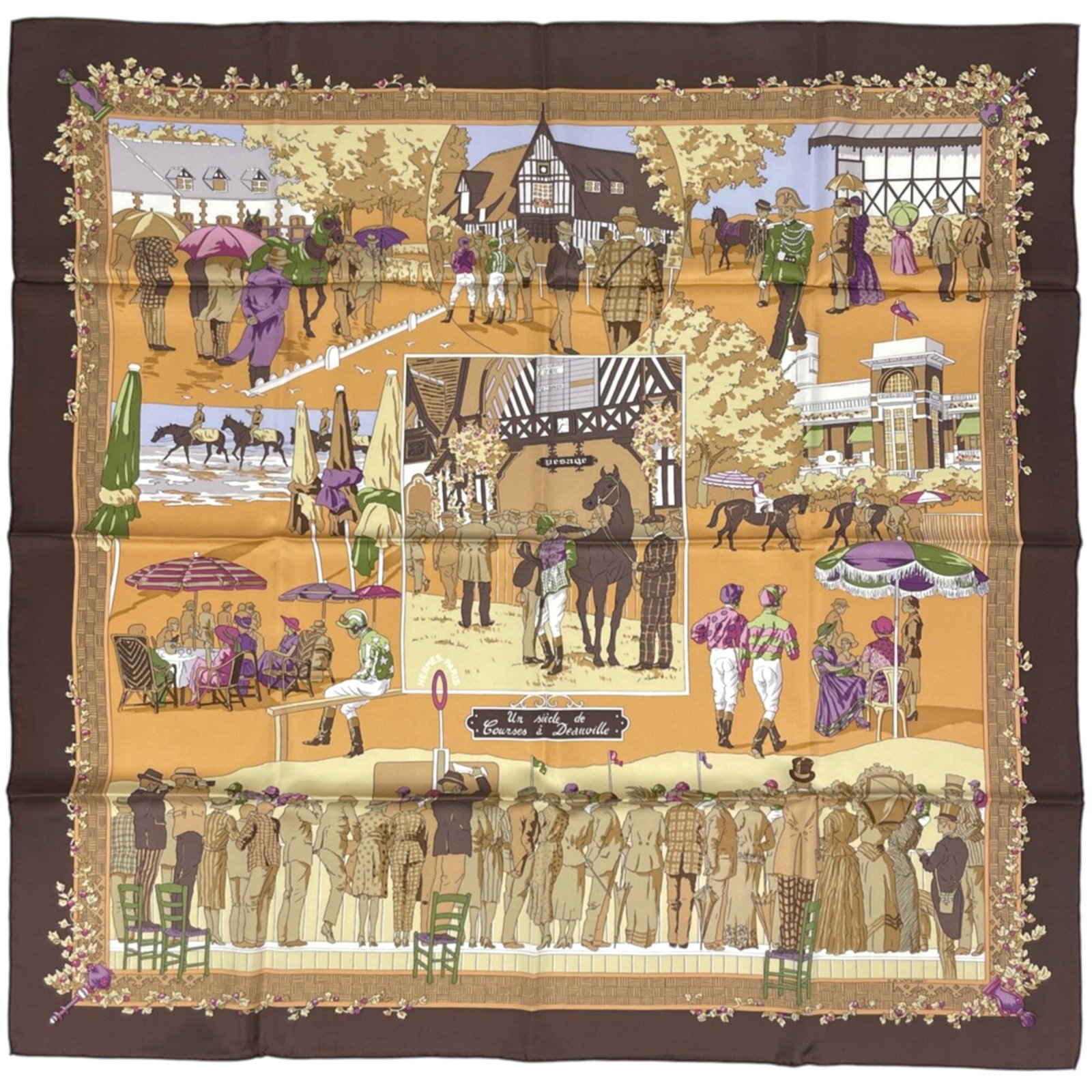 Silk Hermes Scarf: Silk Hermes Scarf Silk from the renowned French fashion house, this 87cm x 89cm Hermes scarf is crafted from high-quality silk, boasting a unique multi-color design. The rich brown hue and vibrant col
