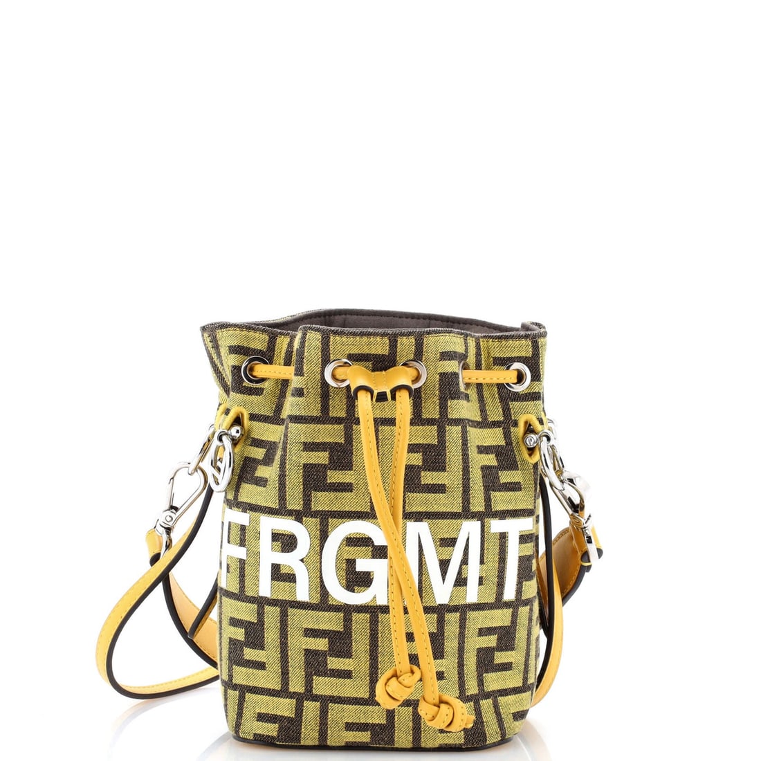 Fendi x Fendi Fragment Mon Tresor Zucca Canvas Mini Bag: Fendi x Fendi Fragment Mon Tresor Zucca Canvas Mini Bag Yellow canvas mini bag with a classic bucket style, featuring a detachable strap and silver hardware. Measuring 7" tall and 5" wide, this Fendi