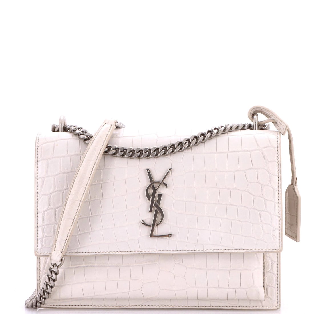 Laurent Saint Crocodile Embossed Leather Medium Crossbody Bag: Laurent Saint Crocodile Embossed Leather Medium Crossbody Bag White crocodile embossed leather medium crossbody bag from Saint Laurent, featuring a sleek design and suede interior. The bag boasts a