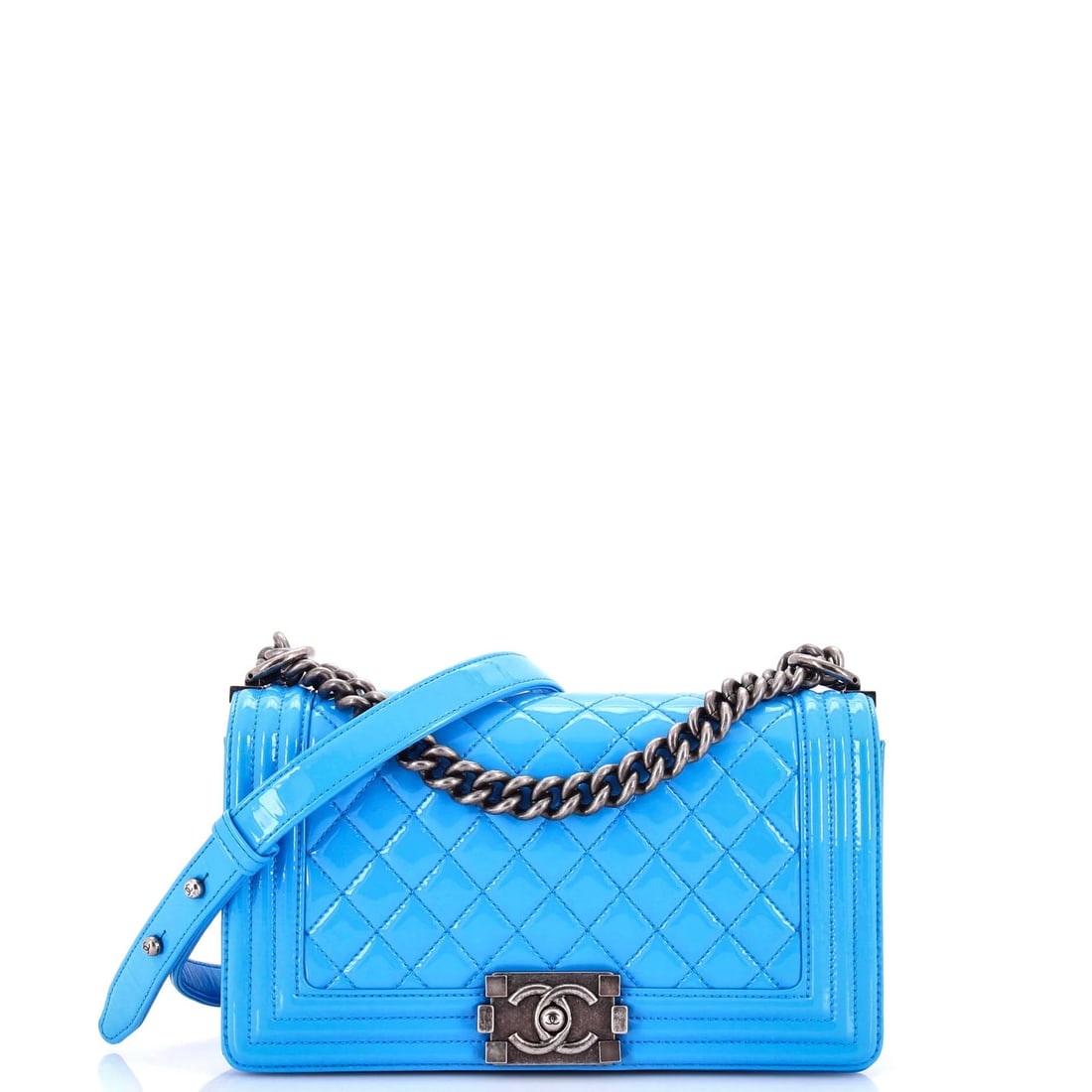 Chanel Boy Flap Bag Old Medium Quilted Patent: Chanel Boy Flap Bag Old Medium Quilted Patent The Chanel Boy Flap Bag Old Medium Quilted Patent is a stylish and timeless shoulder bag with a rich blue patent leather exterior. Its quilted design and
