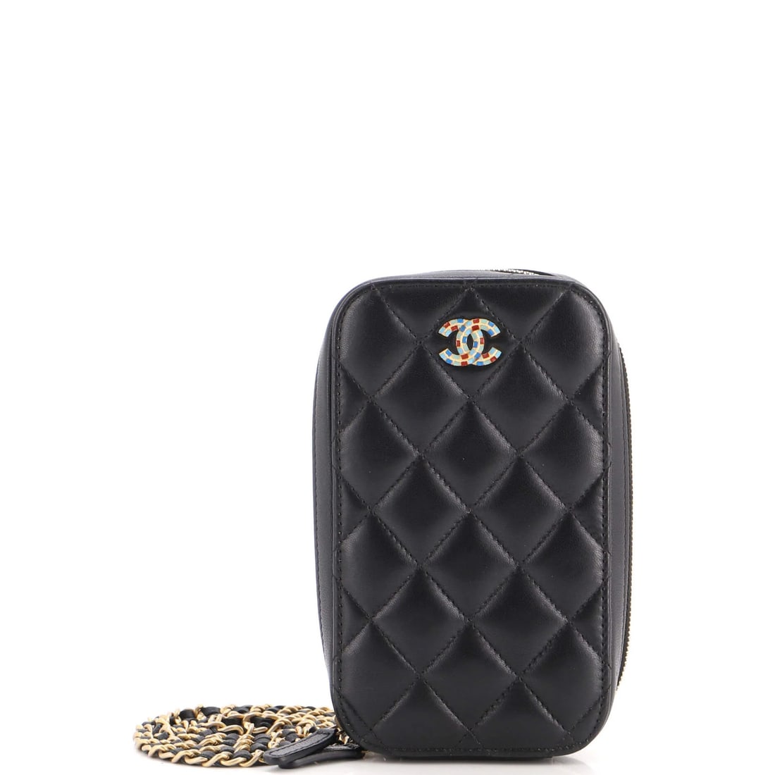 Lambskin Quilted Phone Case Chain Zip Chanel Around: Lambskin Quilted Phone Case Chain Zip Chanel Around Black Quilted Lambskin Chain Zip Around Phone Case with Aged Gold Hardware. This cross body bag features a quilted lambskin exterior with a zip
