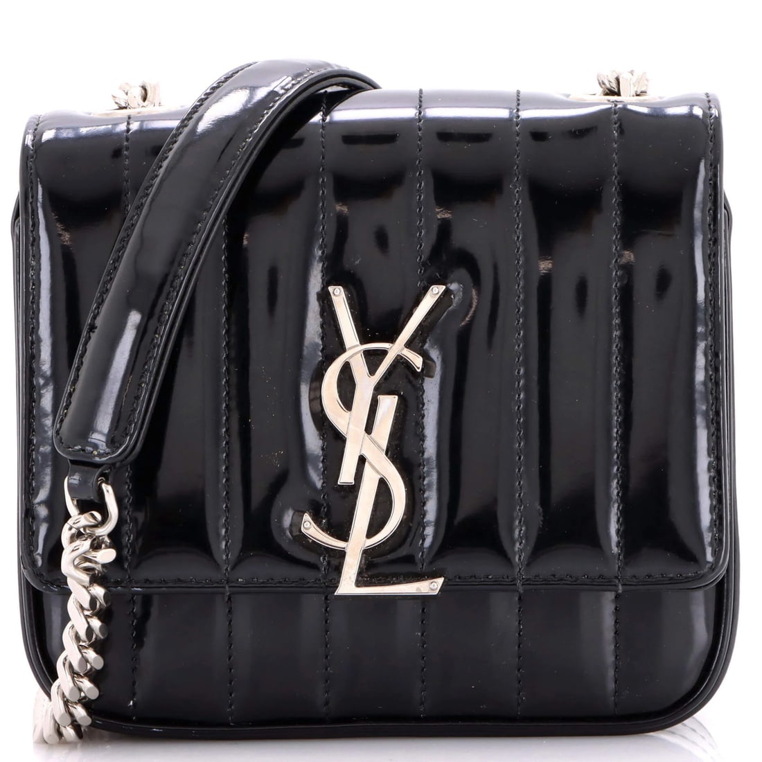 Quilted Vertical Crossbody Bag Patent Small Saint Vicky Laurent: Quilted Vertical Crossbody Bag Patent Small Saint Vicky Laurent Small, quilted Saint Laurent patent leather crossbody bag with vertical design, featuring silver hardware and black interior. Measuring