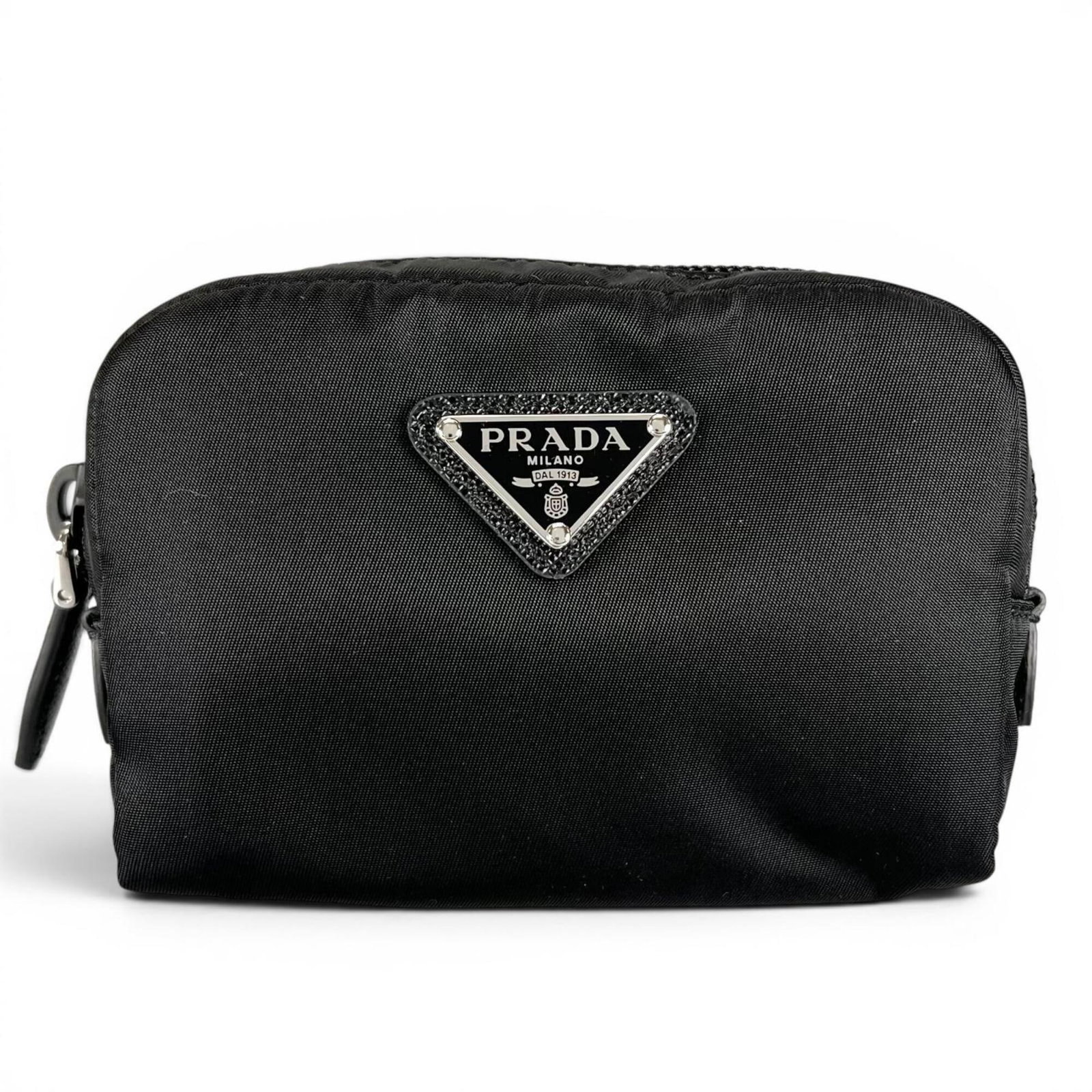 Nylon Prada Pouch: Nylon Prada Pouch Nylon Prada Pouch in black nylon, measuring 8.5cm x 12cm x 4cm, with a signature from the artist. This pouch is made from nylon material and features a black color. The Prada Country