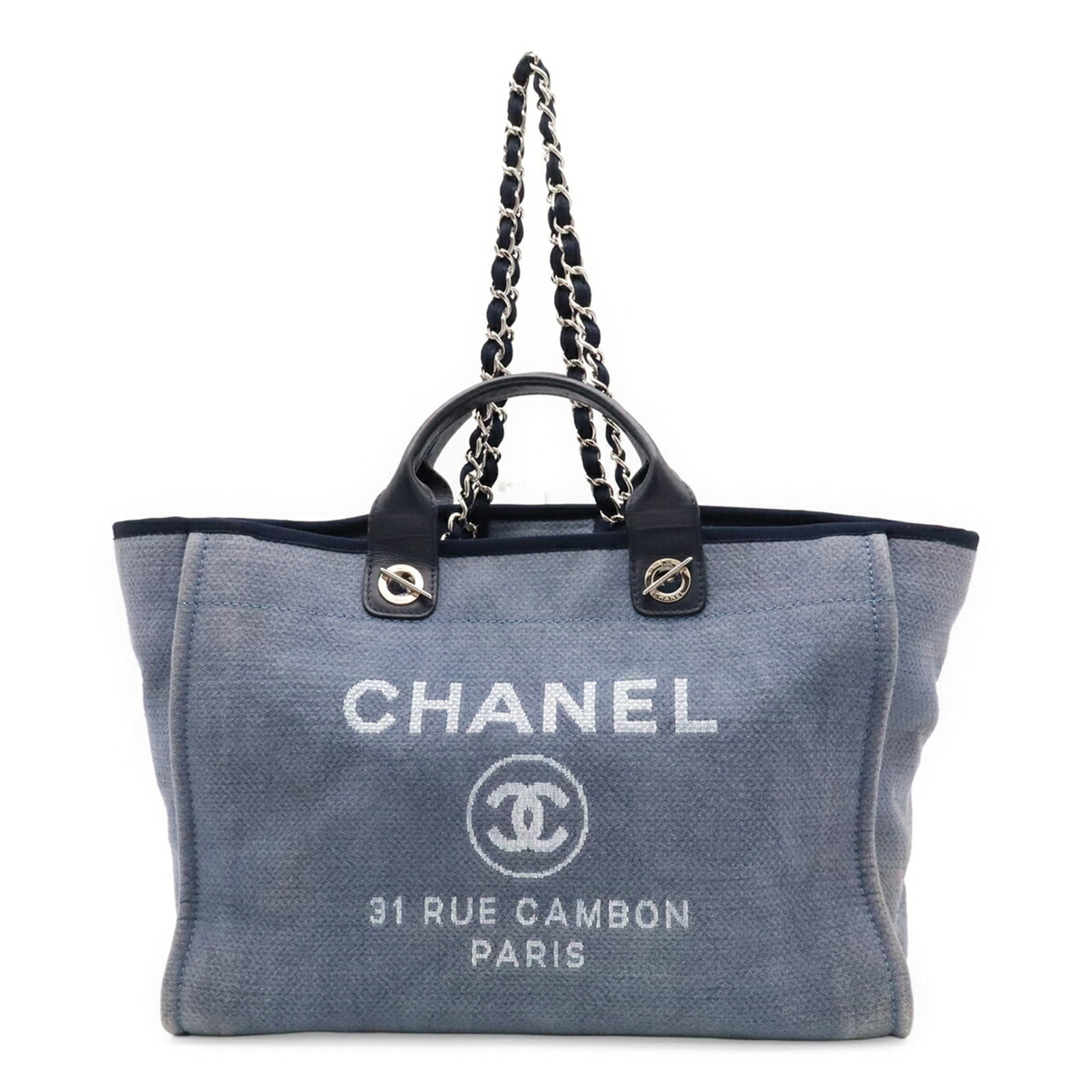 Chanel Shoulder Bag Tote Bag Canvas Leather: Chanel Shoulder Bag Tote Bag Canvas Leather Canvas and leather blend in this blue Chanel shoulder bag tote, measuring 30cm x 39cm x 20cm. The bag features a 70cm strap length, making it a versatile an